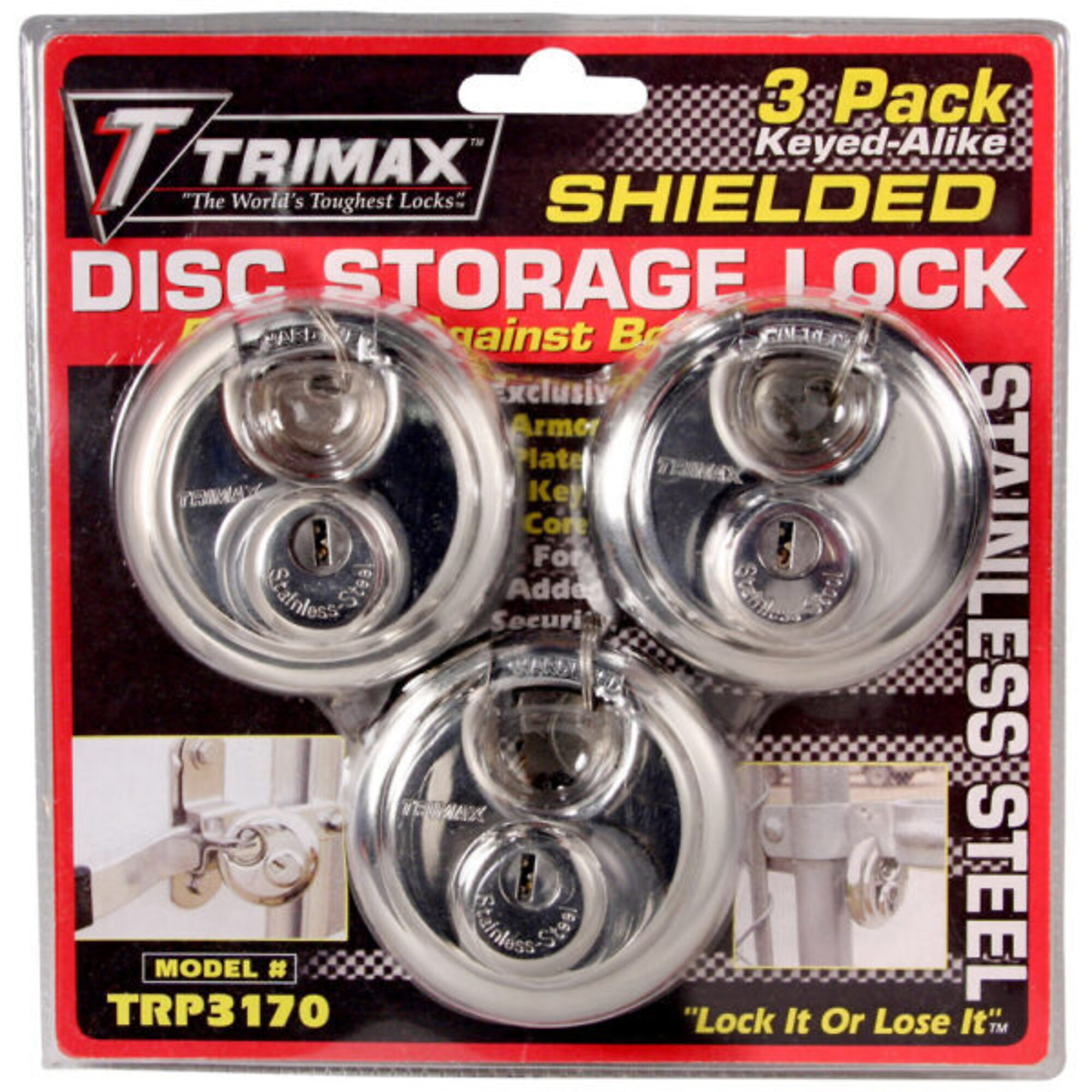 TRIMAX™ STAINLESS STEEL 70MM (2-3/4") ROUND DISC PADLOCK W/ 10MM STEEL SHACKLE - KEYED ALIKE 3 PACK
